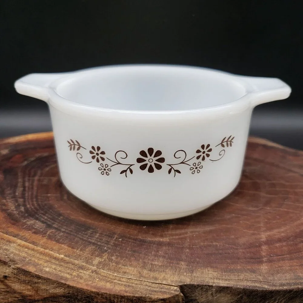 Vintage Pyr-O-Rey Milk Glass Handled Bowls Brown Floral Set of 2